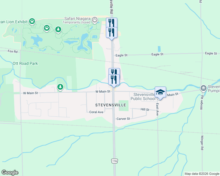 map of restaurants, bars, coffee shops, grocery stores, and more near 2568 Stevensville Road in Fort Erie