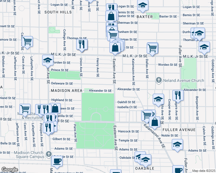 map of restaurants, bars, coffee shops, grocery stores, and more near 736 Delaware Street Southeast in Grand Rapids