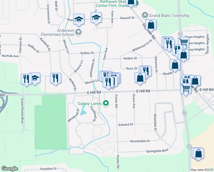 map of restaurants, bars, coffee shops, grocery stores, and more near 2221 East Hill Road in Grand Blanc