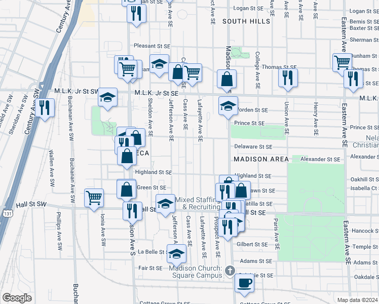 map of restaurants, bars, coffee shops, grocery stores, and more near 1028 Cass Avenue Southeast in Grand Rapids
