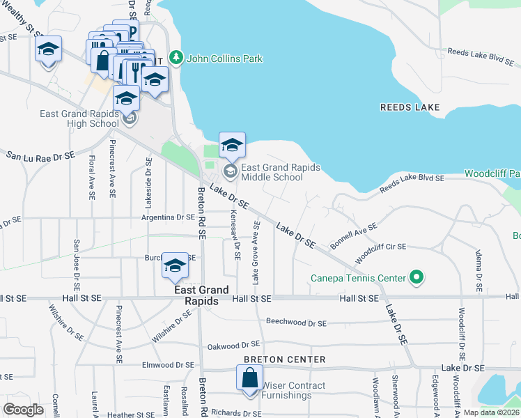 map of restaurants, bars, coffee shops, grocery stores, and more near 2527 Lake Drive Southeast in Grand Rapids