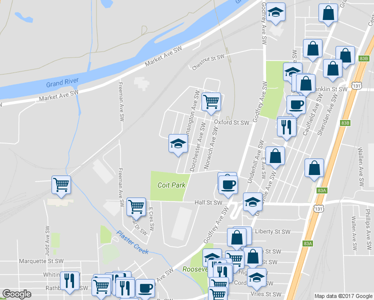map of restaurants, bars, coffee shops, grocery stores, and more near 1012 Kensington Avenue Southwest in Grand Rapids