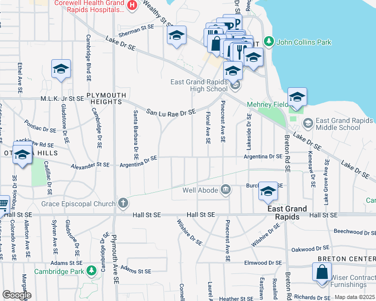 map of restaurants, bars, coffee shops, grocery stores, and more near 955 San Jose Drive Southeast in Grand Rapids