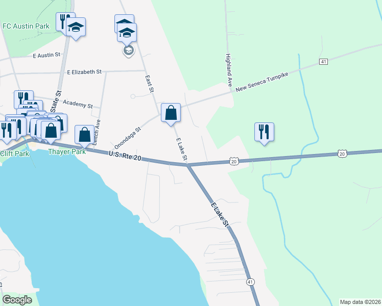 map of restaurants, bars, coffee shops, grocery stores, and more near 25 East Lake Street in Skaneateles