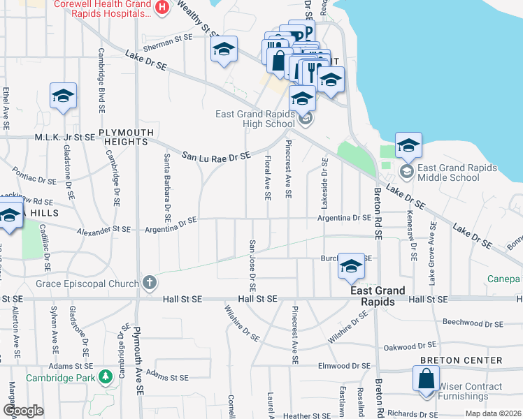 map of restaurants, bars, coffee shops, grocery stores, and more near 955 Floral Avenue Southeast in Grand Rapids