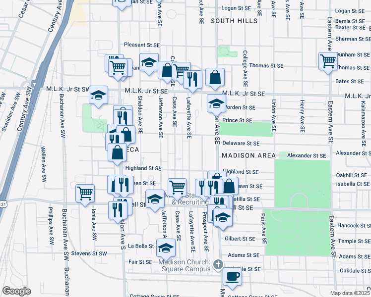 map of restaurants, bars, coffee shops, grocery stores, and more near 1029 Lafayette Avenue Southeast in Grand Rapids