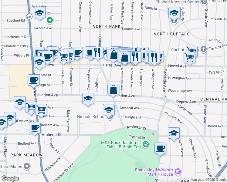 map of restaurants, bars, coffee shops, grocery stores, and more near in Buffalo