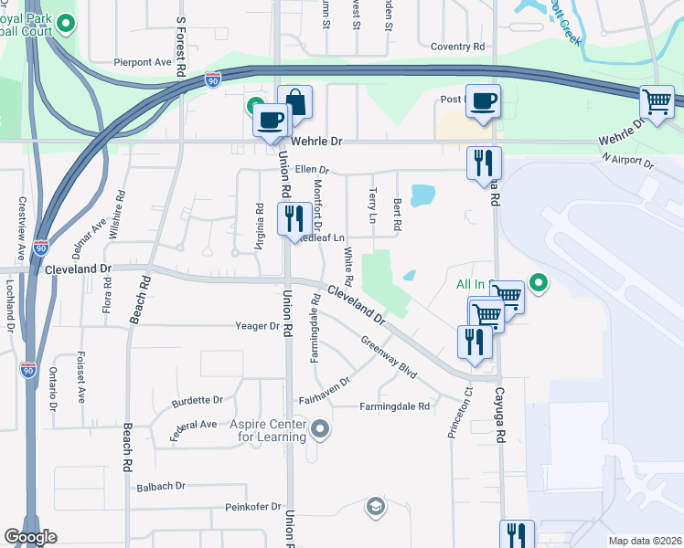 map of restaurants, bars, coffee shops, grocery stores, and more near 22 White Road in Buffalo