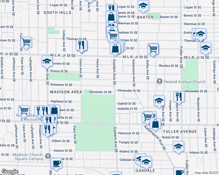 map of restaurants, bars, coffee shops, grocery stores, and more near 740 Delaware Street Southeast in Grand Rapids