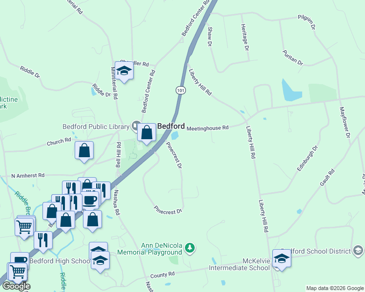 map of restaurants, bars, coffee shops, grocery stores, and more near 4 Pinecrest Drive in Bedford