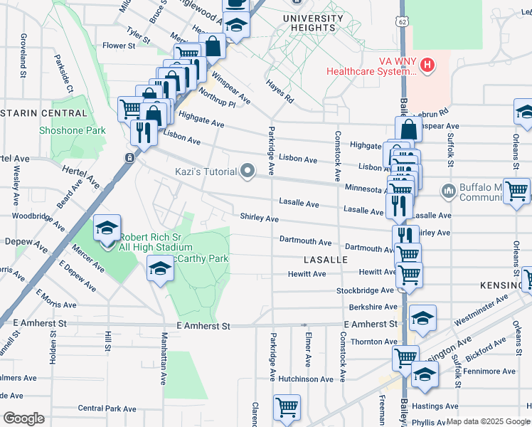 map of restaurants, bars, coffee shops, grocery stores, and more near 52 Shirley Avenue in Buffalo