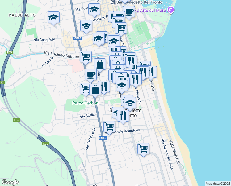 map of restaurants, bars, coffee shops, grocery stores, and more near 17 Via Monte San Michele in San Benedetto del Tronto