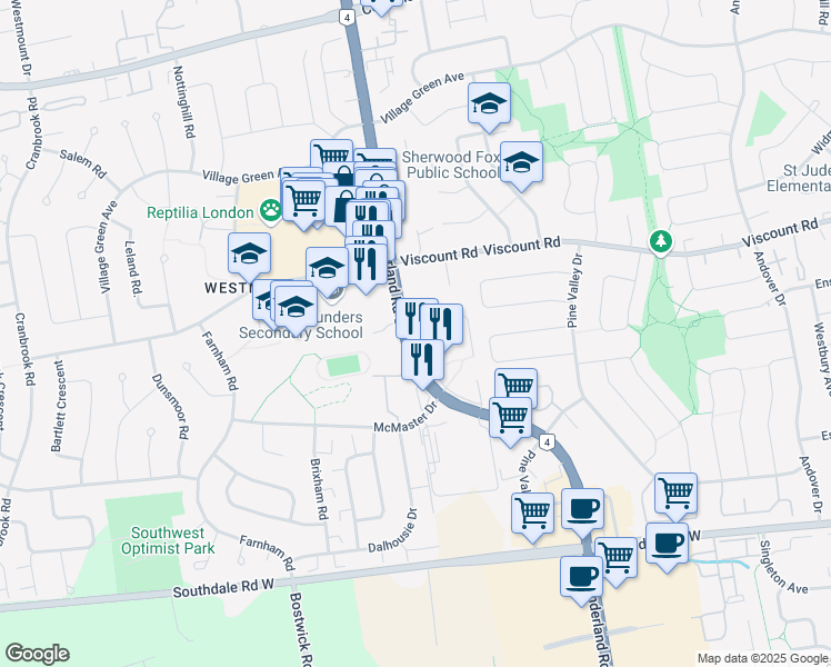 map of restaurants, bars, coffee shops, grocery stores, and more near 914 Wonderland Road South in London