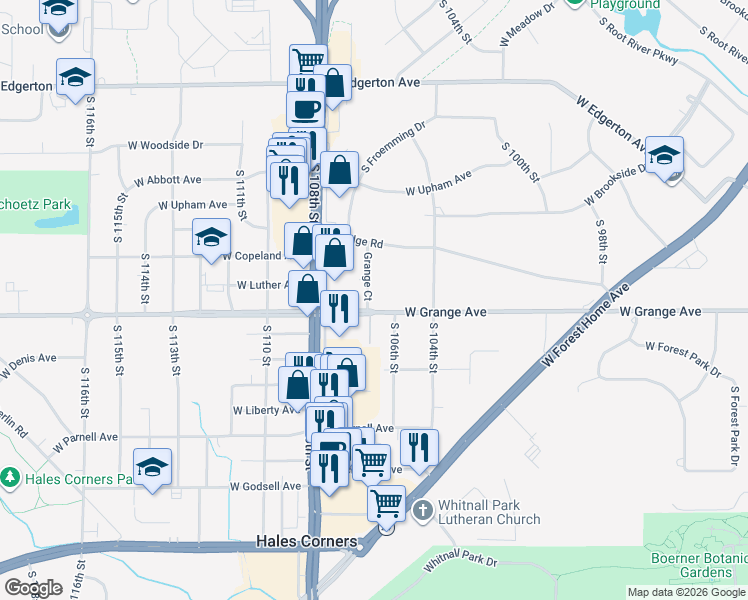 map of restaurants, bars, coffee shops, grocery stores, and more near 10550 West Grange Avenue in Hales Corners