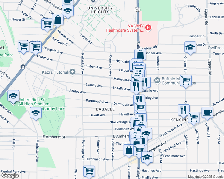 map of restaurants, bars, coffee shops, grocery stores, and more near 347 Lasalle Avenue in Buffalo