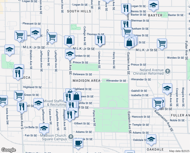 map of restaurants, bars, coffee shops, grocery stores, and more near 542 Delaware Street Southeast in Grand Rapids