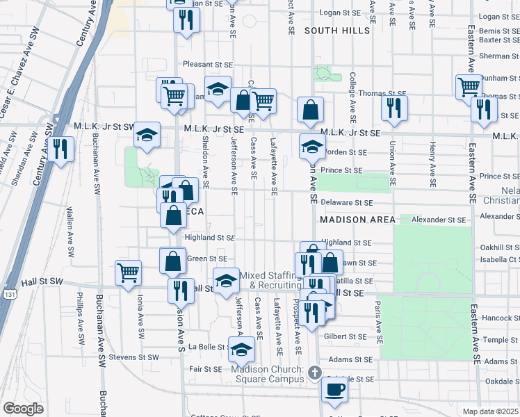 map of restaurants, bars, coffee shops, grocery stores, and more near 1028 Cass Avenue Southeast in Grand Rapids