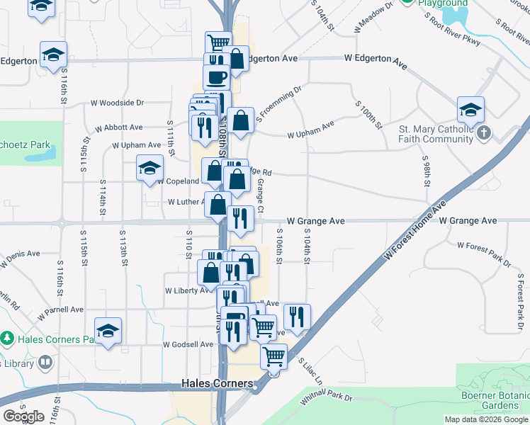 map of restaurants, bars, coffee shops, grocery stores, and more near 10600 West Grange Avenue in Hales Corners