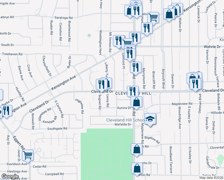 map of restaurants, bars, coffee shops, grocery stores, and more near 320 Cleveland Drive in Cheektowaga