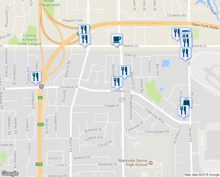 map of restaurants, bars, coffee shops, grocery stores, and more near 1170 Cleveland Drive in Buffalo