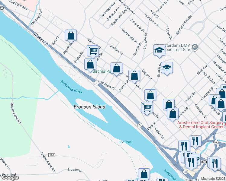 map of restaurants, bars, coffee shops, grocery stores, and more near 270 West Main Street in Amsterdam