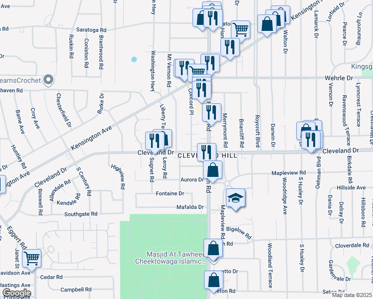 map of restaurants, bars, coffee shops, grocery stores, and more near 6 Concord Drive in Buffalo