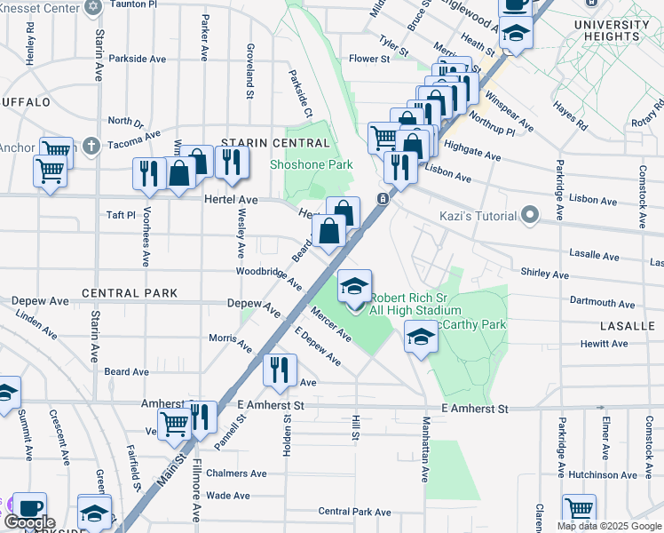 map of restaurants, bars, coffee shops, grocery stores, and more near 2910 Main Street in Buffalo