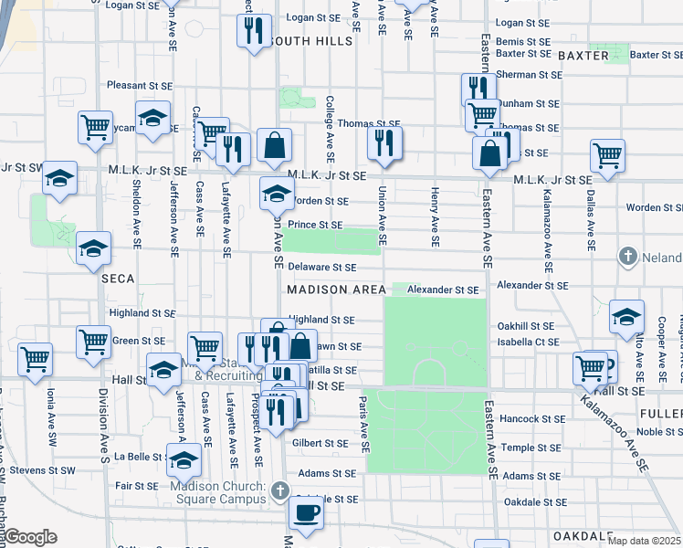 map of restaurants, bars, coffee shops, grocery stores, and more near in Grand Rapids