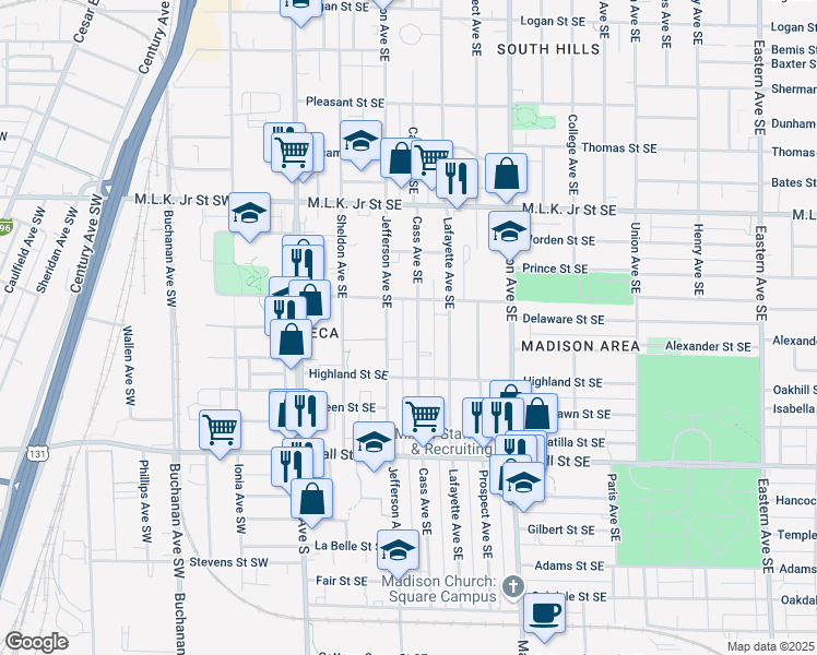 map of restaurants, bars, coffee shops, grocery stores, and more near 1028 Jefferson Avenue Southeast in Grand Rapids