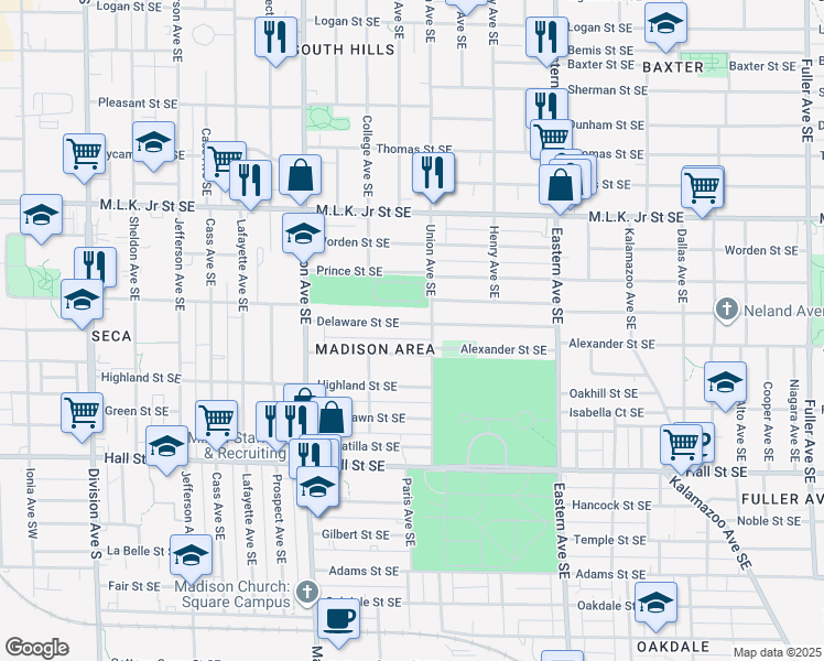 map of restaurants, bars, coffee shops, grocery stores, and more near 542 Delaware Street Southeast in Grand Rapids