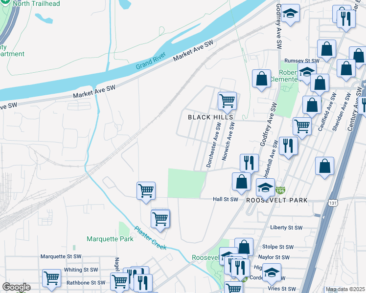 map of restaurants, bars, coffee shops, grocery stores, and more near 1019 Merrill Avenue Southwest in Grand Rapids
