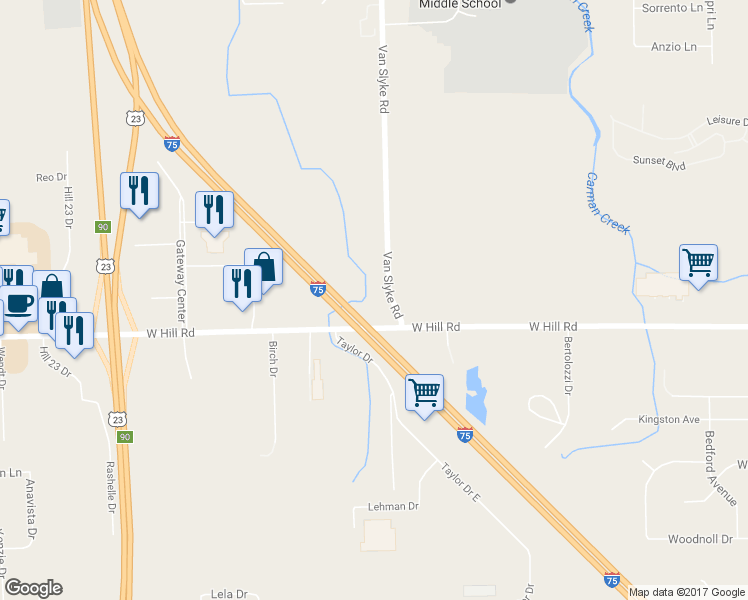 map of restaurants, bars, coffee shops, grocery stores, and more near 5504 Van Slyke Road in Flint