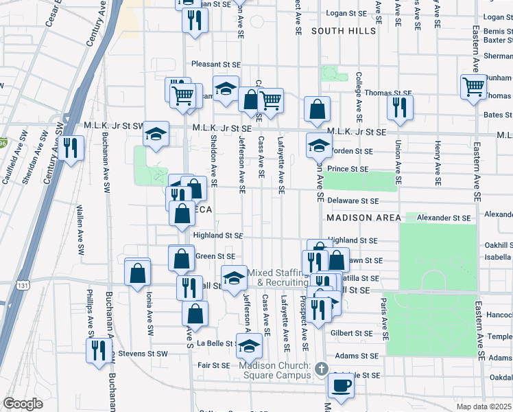 map of restaurants, bars, coffee shops, grocery stores, and more near 1028 Jefferson Avenue Southeast in Grand Rapids
