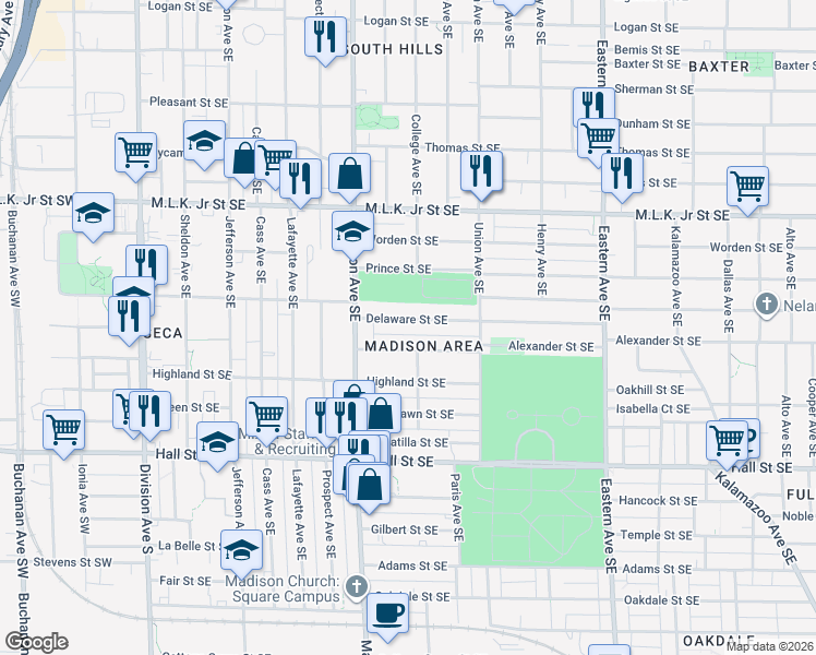 map of restaurants, bars, coffee shops, grocery stores, and more near 452 Delaware Street Southeast in Grand Rapids