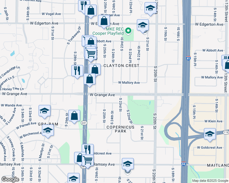 map of restaurants, bars, coffee shops, grocery stores, and more near 2334 West Grange Avenue in Milwaukee