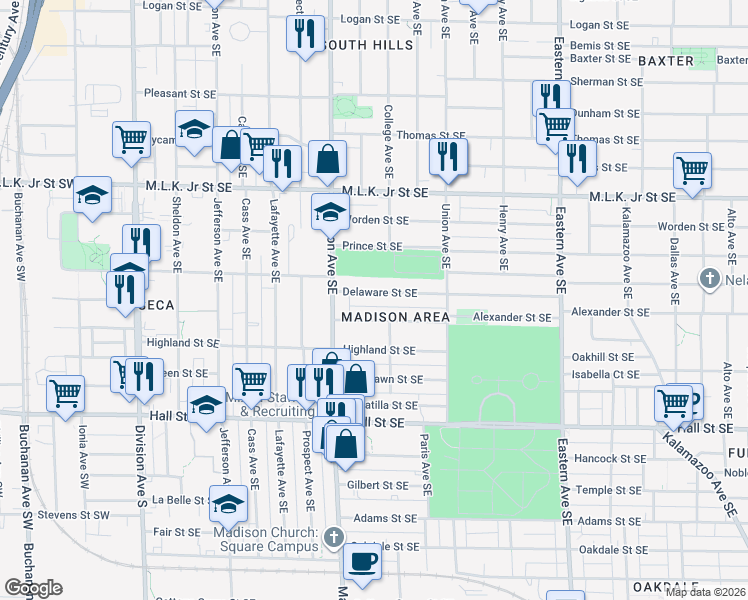 map of restaurants, bars, coffee shops, grocery stores, and more near 444 Delaware Street Southeast in Grand Rapids