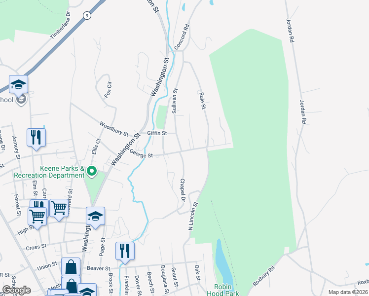 map of restaurants, bars, coffee shops, grocery stores, and more near 130 George Street in Keene
