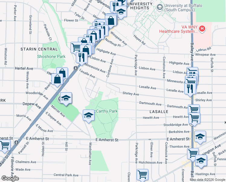 map of restaurants, bars, coffee shops, grocery stores, and more near 70 Camelot Court in Buffalo