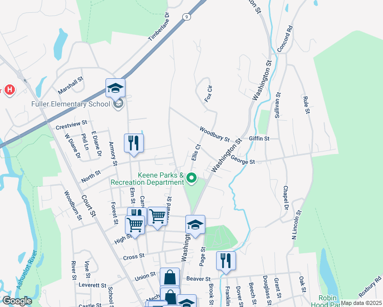 map of restaurants, bars, coffee shops, grocery stores, and more near 48 Ellis Court in Keene