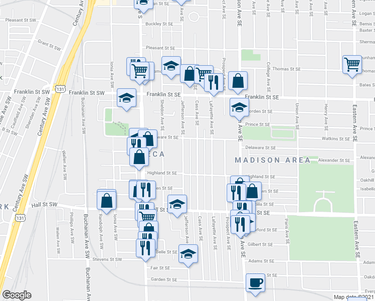 map of restaurants, bars, coffee shops, grocery stores, and more near 1028 Jefferson Avenue Southeast in Grand Rapids