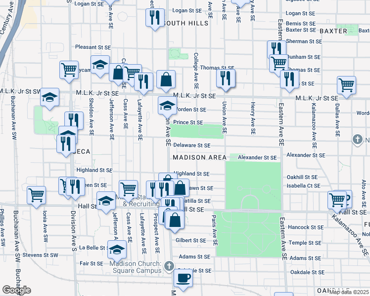 map of restaurants, bars, coffee shops, grocery stores, and more near 434 Delaware Street Southeast in Grand Rapids
