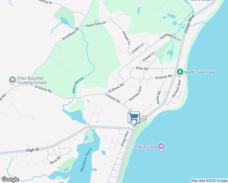 map of restaurants, bars, coffee shops, grocery stores, and more near 112 North Shore Road in Hampton