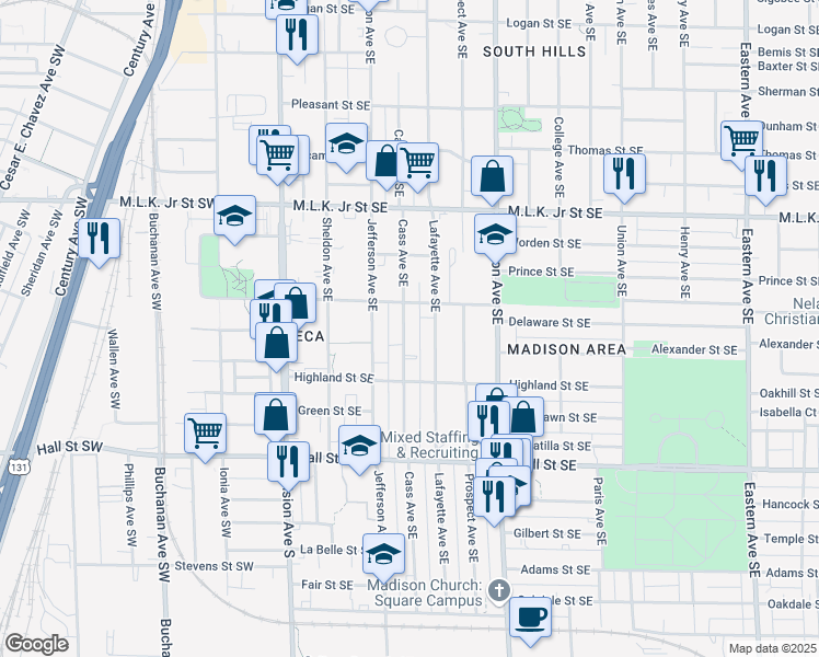 map of restaurants, bars, coffee shops, grocery stores, and more near 1020 Cass Avenue Southeast in Grand Rapids