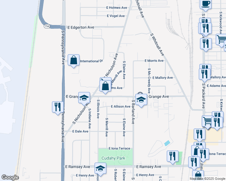 map of restaurants, bars, coffee shops, grocery stores, and more near 2930 East Grange Avenue in Cudahy