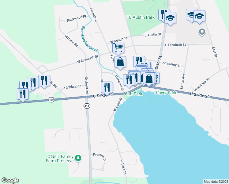 map of restaurants, bars, coffee shops, grocery stores, and more near 44 West Genesee Street in Skaneateles