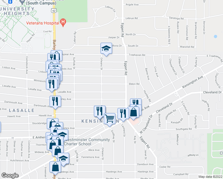 map of restaurants, bars, coffee shops, grocery stores, and more near 718 Lasalle Avenue in Buffalo