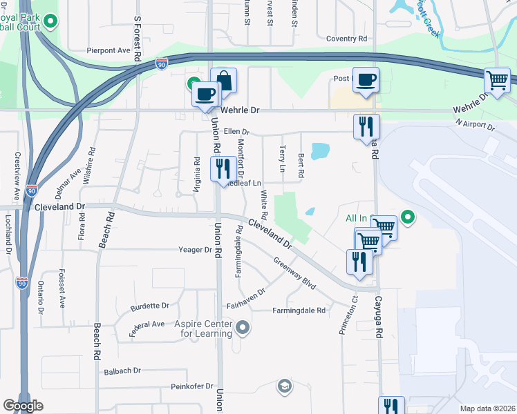 map of restaurants, bars, coffee shops, grocery stores, and more near 22 White Road in Buffalo