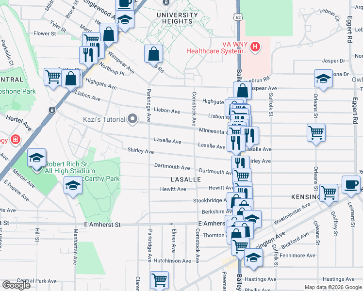 map of restaurants, bars, coffee shops, grocery stores, and more near 130 Shirley Avenue in Buffalo
