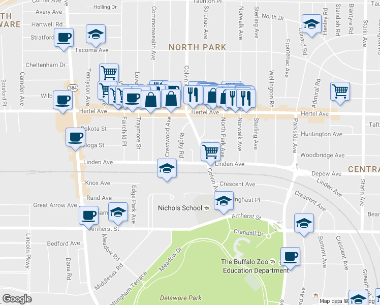 map of restaurants, bars, coffee shops, grocery stores, and more near 148 Colvin Avenue in Buffalo