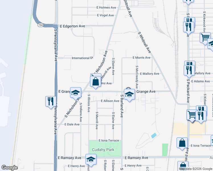 map of restaurants, bars, coffee shops, grocery stores, and more near 2930 East Grange Avenue in Cudahy